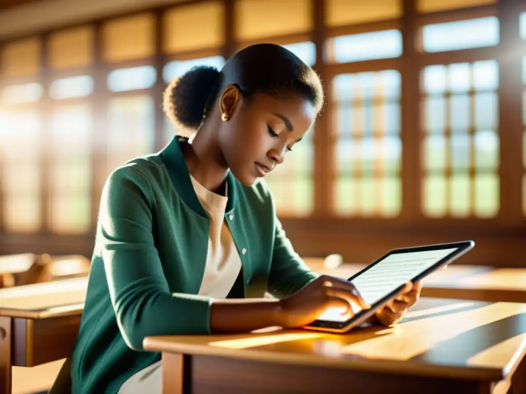 Un estudiante usa una tablet con papel premium tecnológico educativo en un aula clásica bien iluminada, combinando lo tradicional y lo moderno