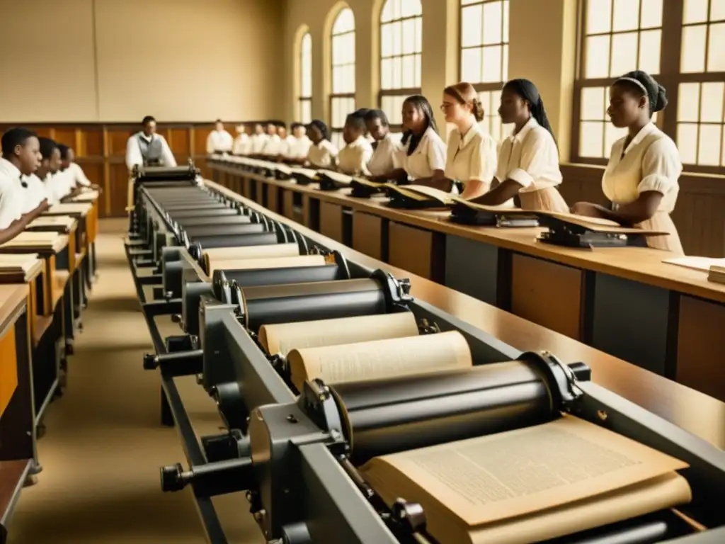 Estudiantes emocionados observan la imprenta en el aula histórica, capturando el impacto de la imprenta en educación con tonos sepia nostálgicos