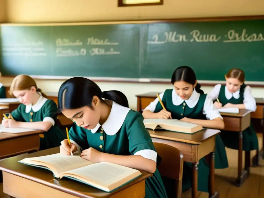 Estudiantes inmersos en actividades educativas en un salón de clases vintage, evocando la evolución del papel en la historia de la educación