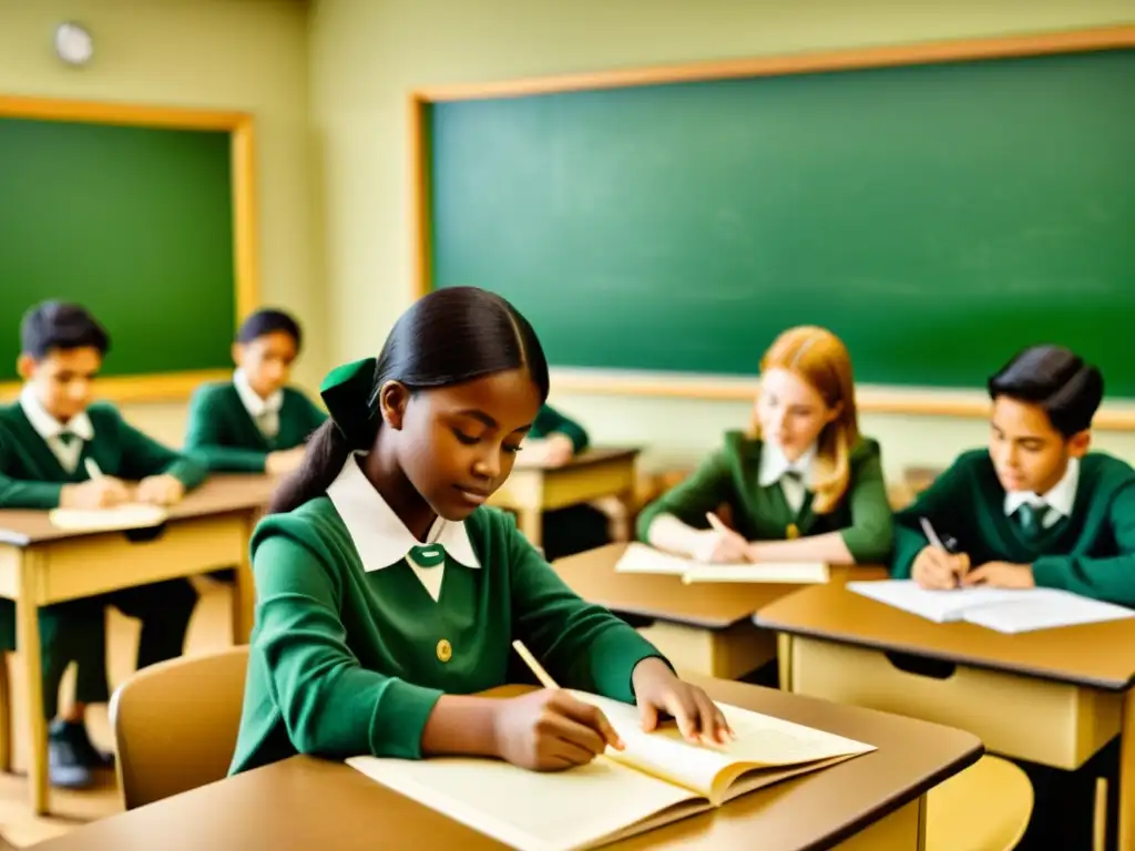 Estudiantes colaborando en proyecto sostenible con papel premium en aula de educación verde