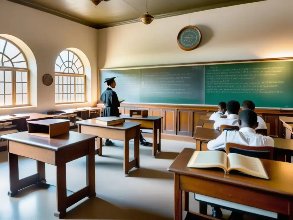 Estudiantes usan tecnología avanzada en aula vintage, resaltando el impacto cultural del papel en educación