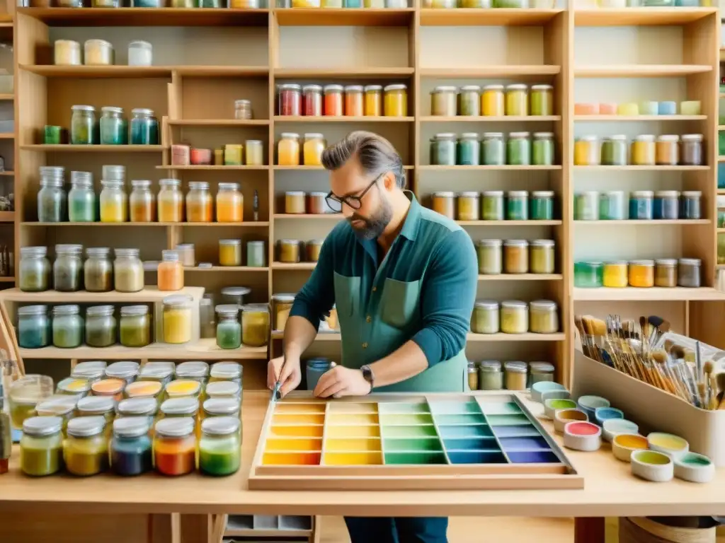 Un estudio de acuarela vintage, con un artista creando una obra maestra detallada en papel acuarela