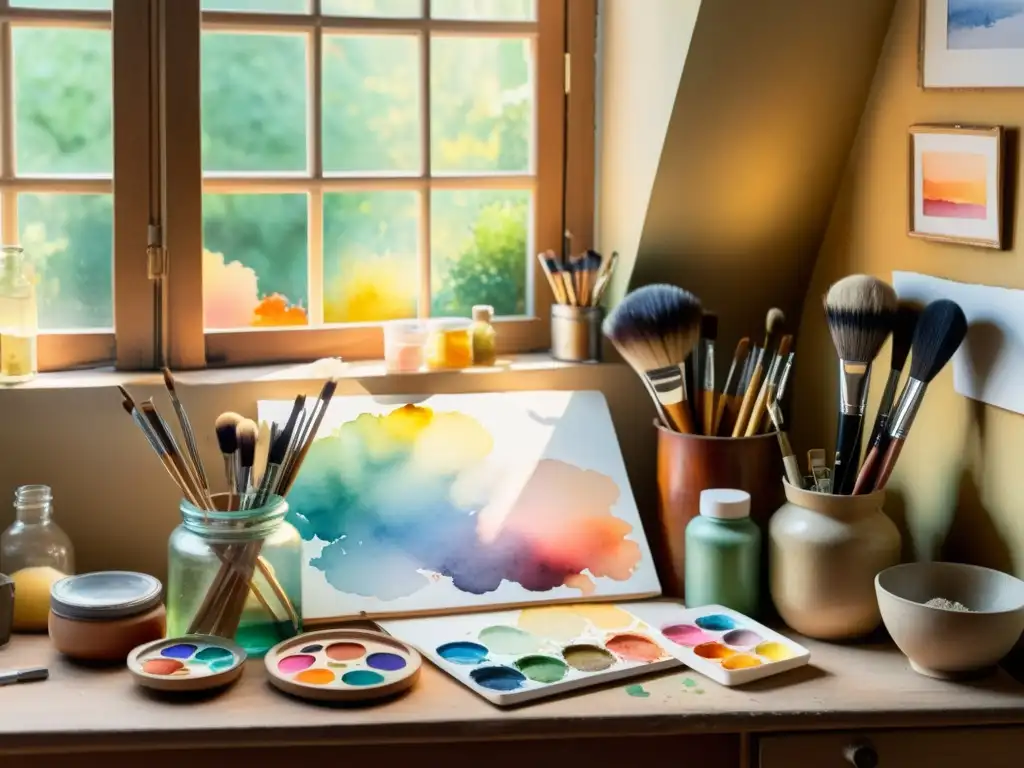 Estudio de artista del siglo XIX con mesa de madera, pinceles y paleta de acuarelas, iluminado por cálida luz solar