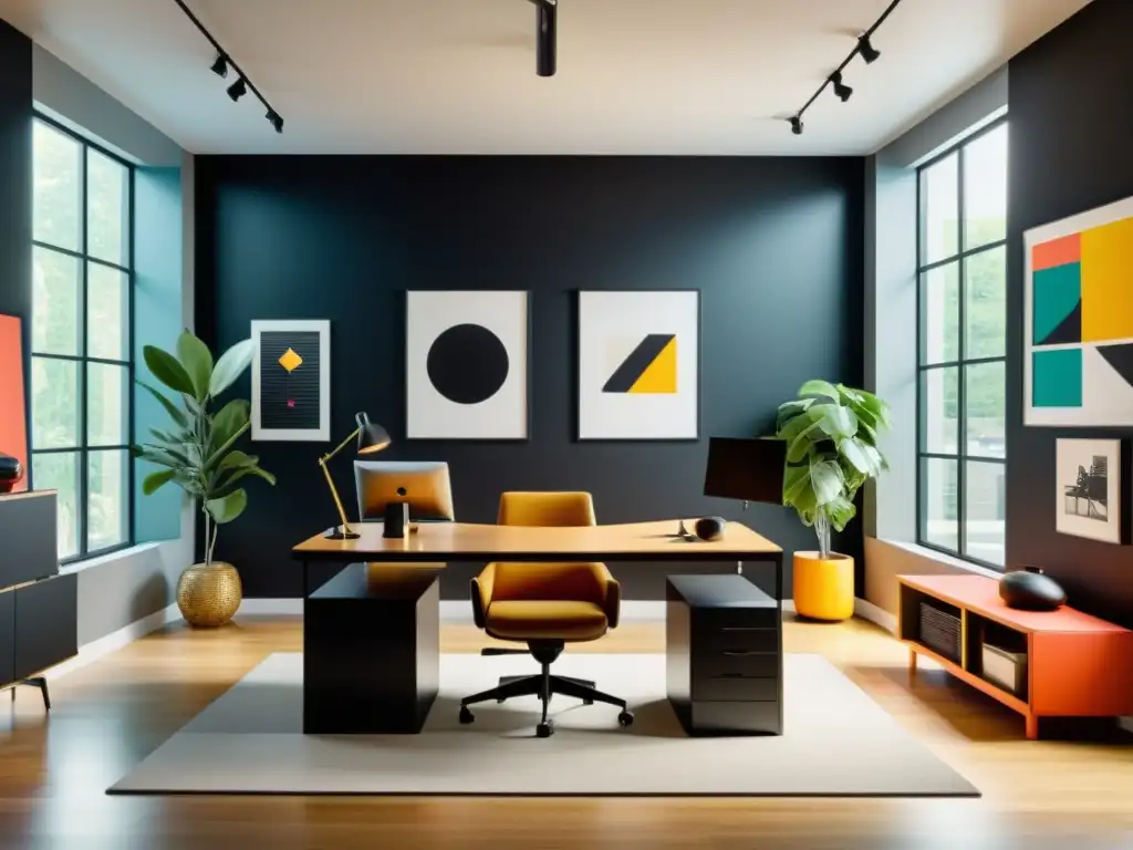 Estudio de diseño contemporáneo con papel negro, minimalismo y toques de color vibrante