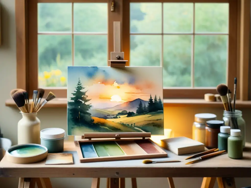 Estudio de pintura con paisaje acuarela en proceso, pinceles y cuaderno de dibujo