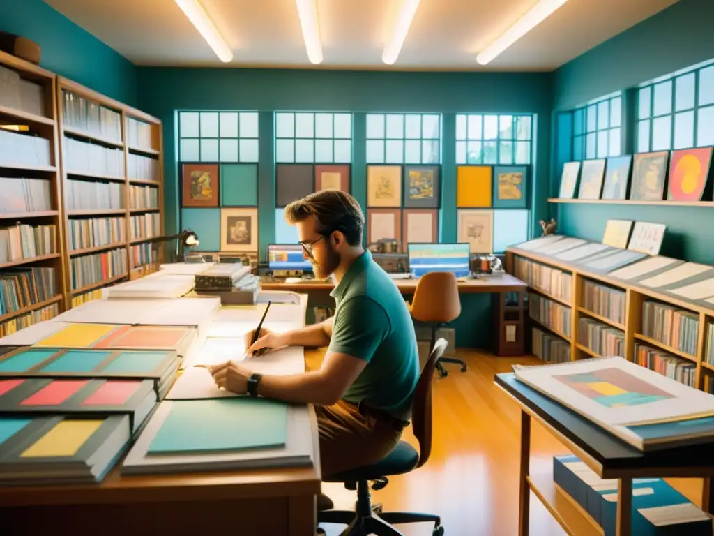 Estudio de animación vintage con animadores creando magia en papel, reflejando el impacto cultural del papel en animación