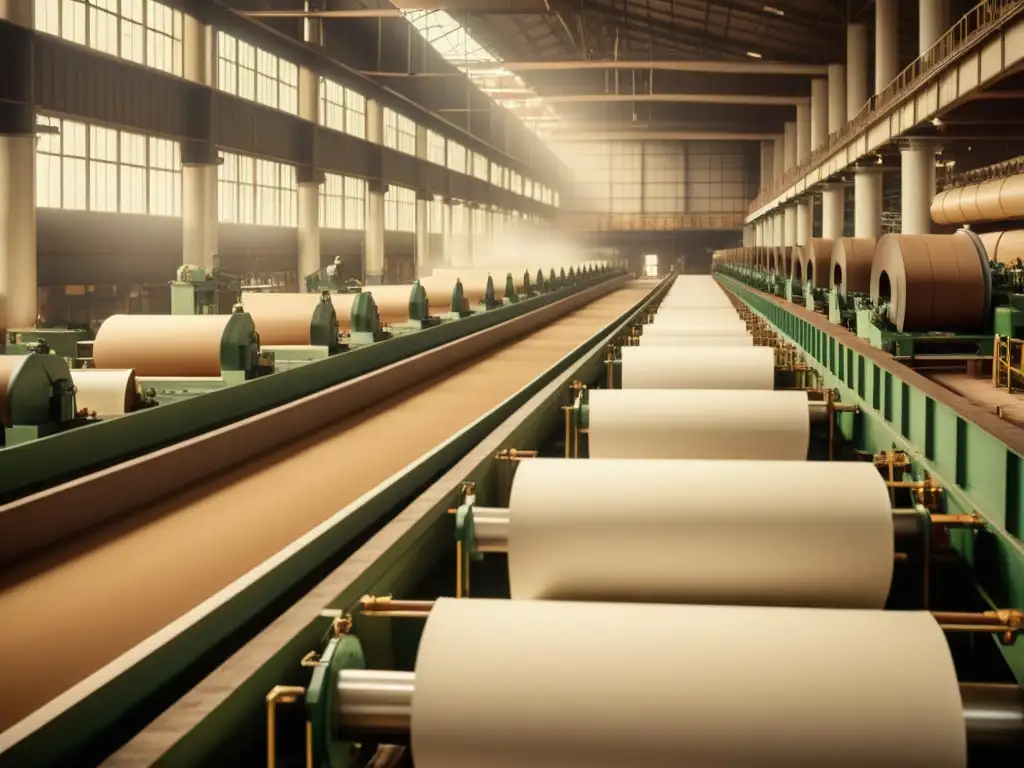 Una evocadora imagen vintage de una fábrica de papel con trabajadores operando maquinaria y pilas de productos de papel terminados al fondo