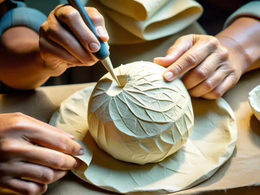 Un experto artesano moldea cuidadosamente una creación detallada de papel maché