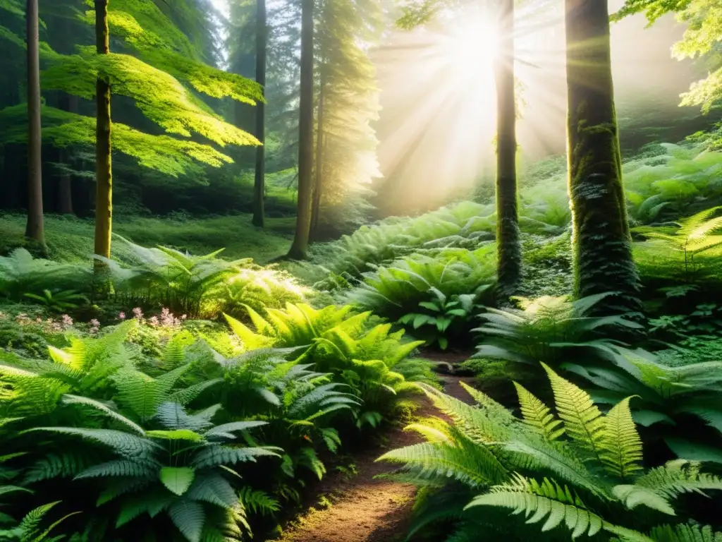 Exuberante bosque con árboles majestuosos, luz dorada y arroyo, ideal para papel reciclado premium conservación ambiental