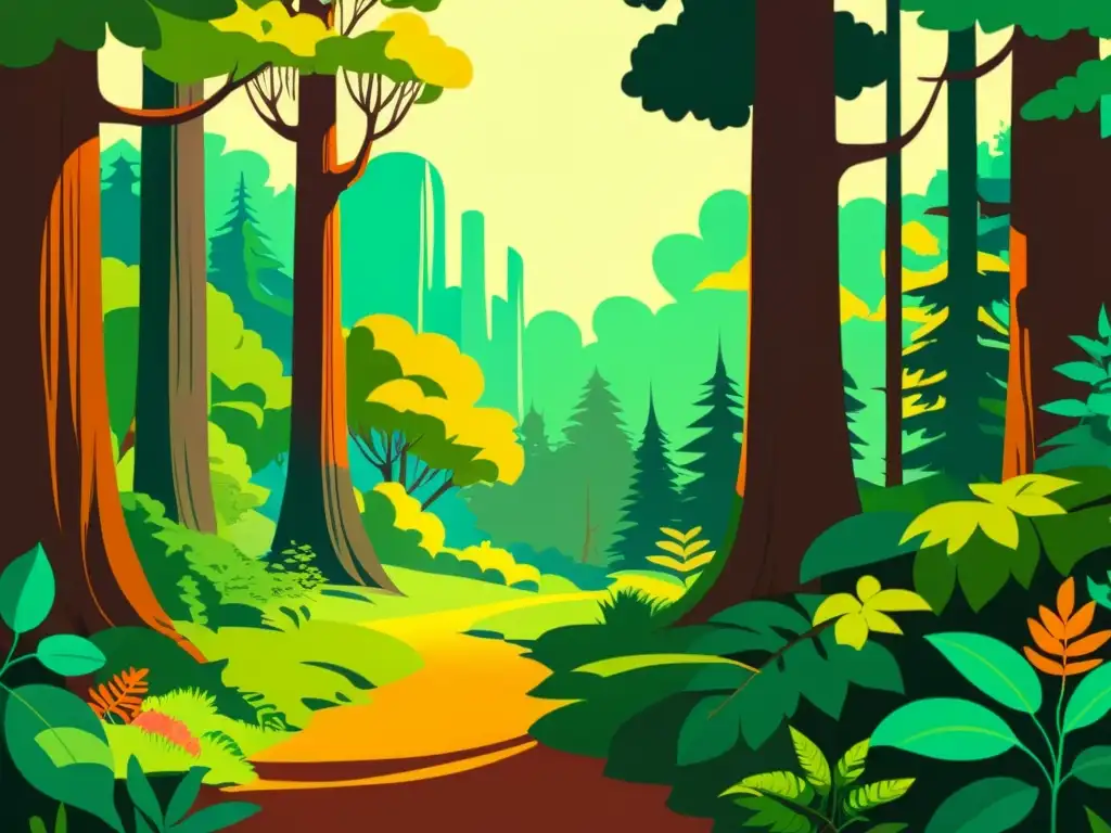 Ilustración vintage de un exuberante bosque con vida silvestre en papel reciclado vs nuevo