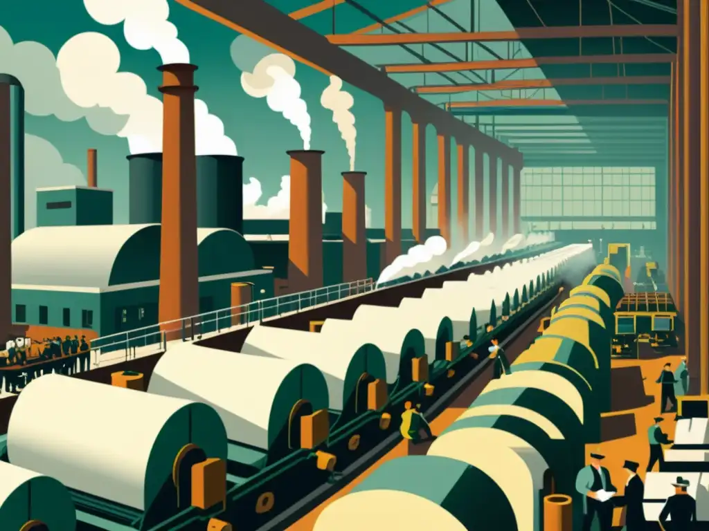Una ilustración vintage de una fábrica industrial abarrotada con chimeneas humeantes, trabajadores afanados y grandes rollos de papel siendo transportados