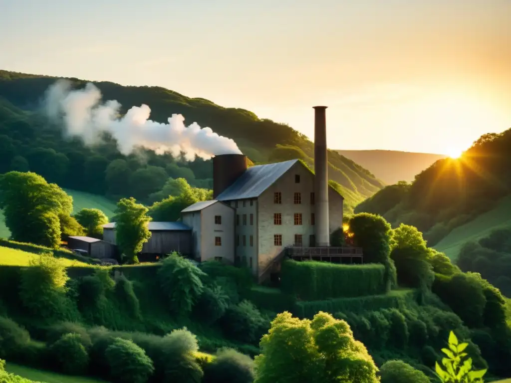 Atardecer dorado en antigua fábrica de papel Una fábrica de papel antigua en un valle verde con un atardecer dorado, emitiendo un aura de nostalgia y sostenibilidad
