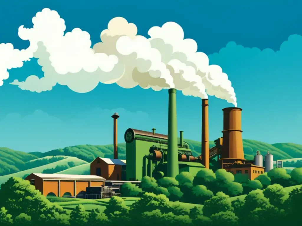 Una ilustración vintage de una fábrica de papel con humeantes chimeneas emitiendo nubes blancas, rodeada de exuberantes bosques verdes y cielo azul