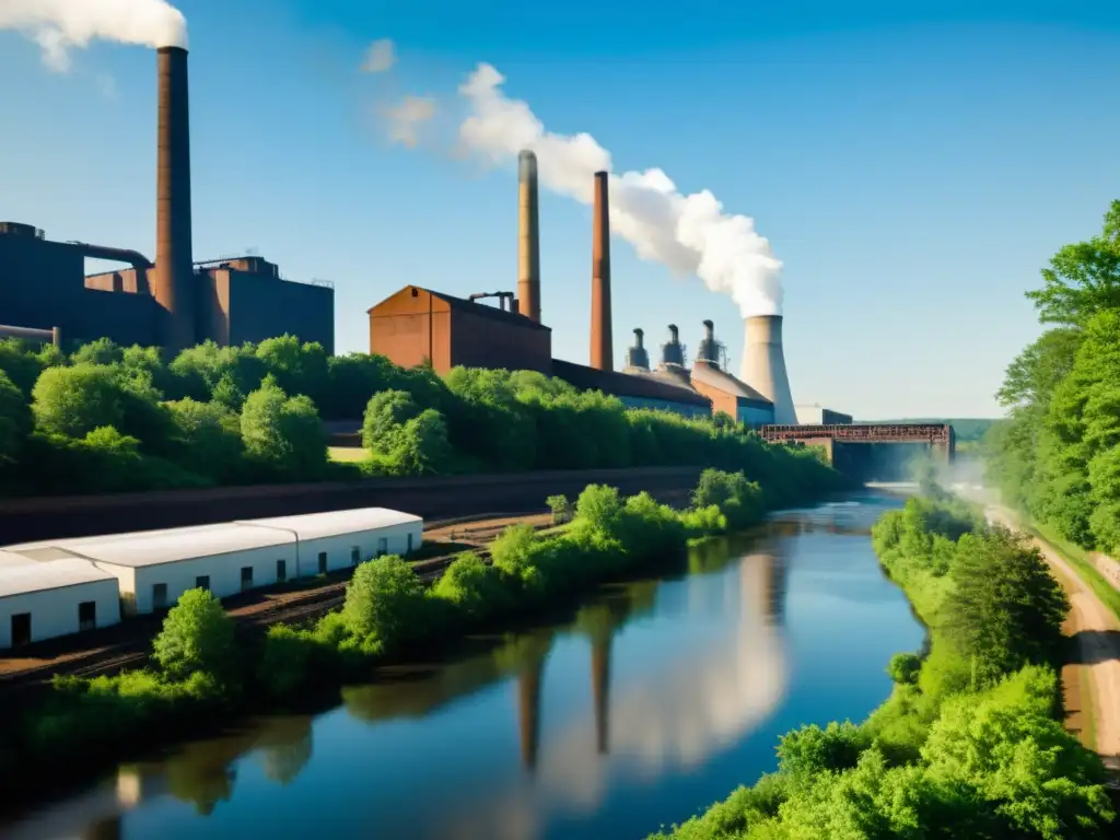 Fábrica de papel: impacto ambiental Una fábrica de papel con humeantes chimeneas en contraste con el entorno natural, destacando el impacto ambiental de la fabricación de papel