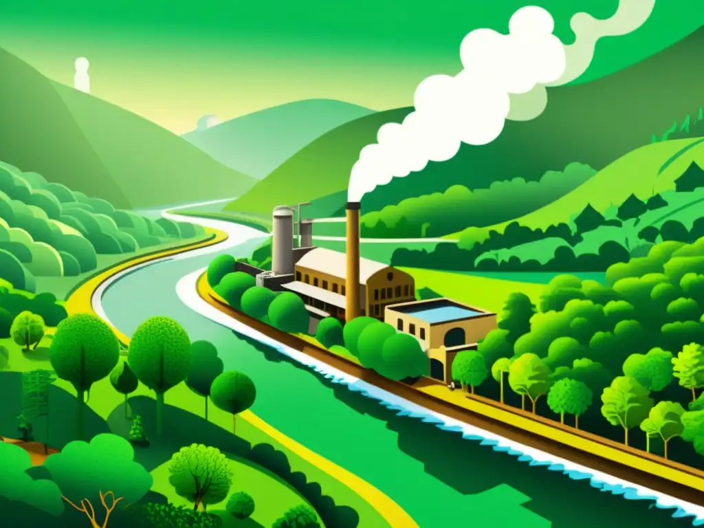 Ilustración vintage de una fábrica de papel rodeada de bosques verdes, trabajadores laborando junto al río, chimeneas humeantes