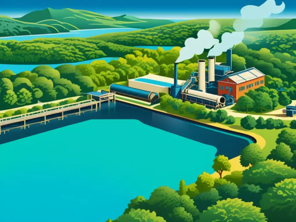 Producción ecológica de papel: armonía industrial y natural Una ilustración vintage de una fábrica de papel rodeada de exuberantes árboles verdes y aguas azules cristalinas, que muestra la producción ecológica de tintas y papel