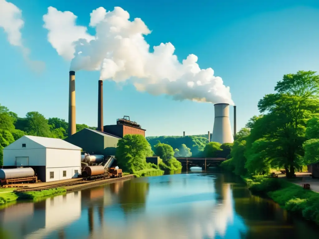 Una fábrica de papel vintage con humeantes chimeneas blancas, rodeada de árboles verdes y un río