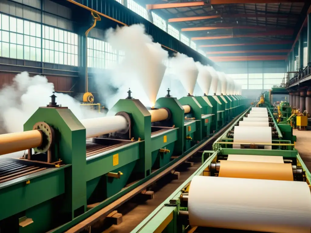 Una fábrica de papel vintage con maquinaria grande y compleja, trabajadores supervisando la producción y vapor saliendo de las máquinas