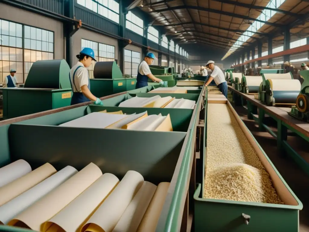 En una fábrica de reciclaje de papel vintage, los trabajadores visten uniformes antiguos y procesan manualmente materiales de papel