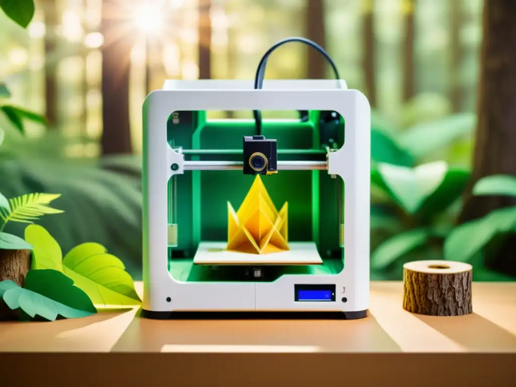 3D printer usando filamento ecológico en un entorno vintage de bosque