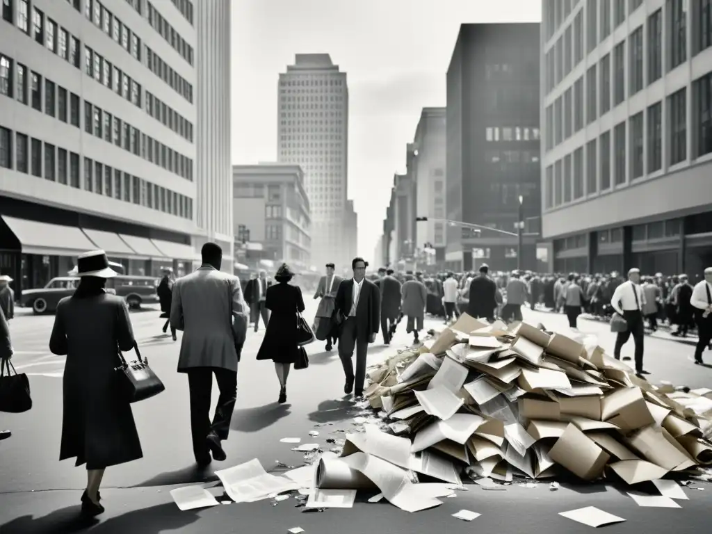 Foto en blanco y negro de una bulliciosa calle de la ciudad con papel tirado en las aceras y un edificio de oficinas moderno al fondo, reflejando el impacto de la digitalización en la conservación de bosques