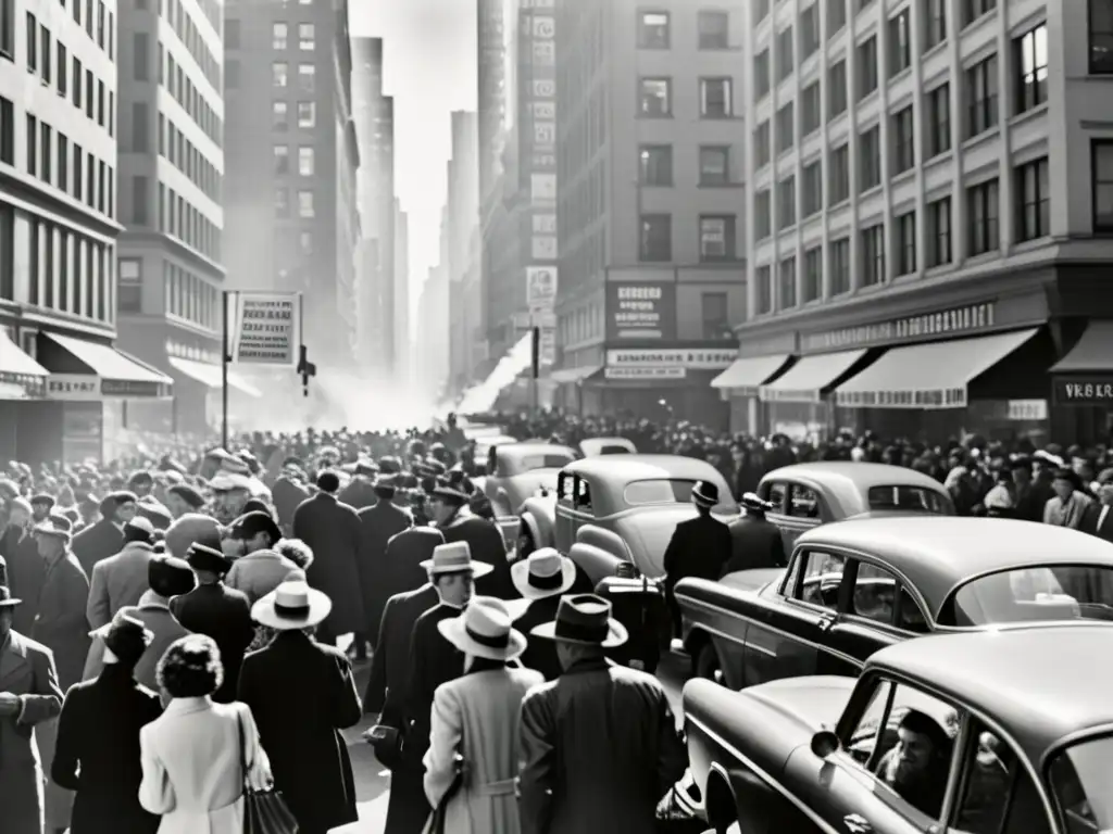 Foto en blanco y negro de una concurrida calle de la ciudad, con personas leyendo periódicos independientes con impacto cultural sobre movimientos sociales y protestas