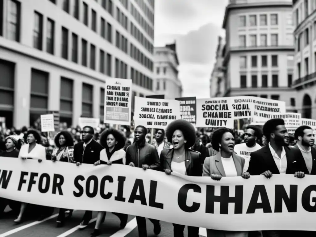 Foto en blanco y negro de manifestantes con pancartas por la revolución y movimientos sociales, transmitiendo pasión y determinación en las calles