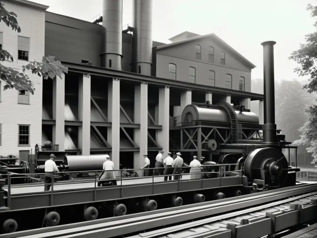 Foto vintage en blanco y negro de una histórica fábrica de papel con trabajadores en ropa de época operando maquinaria