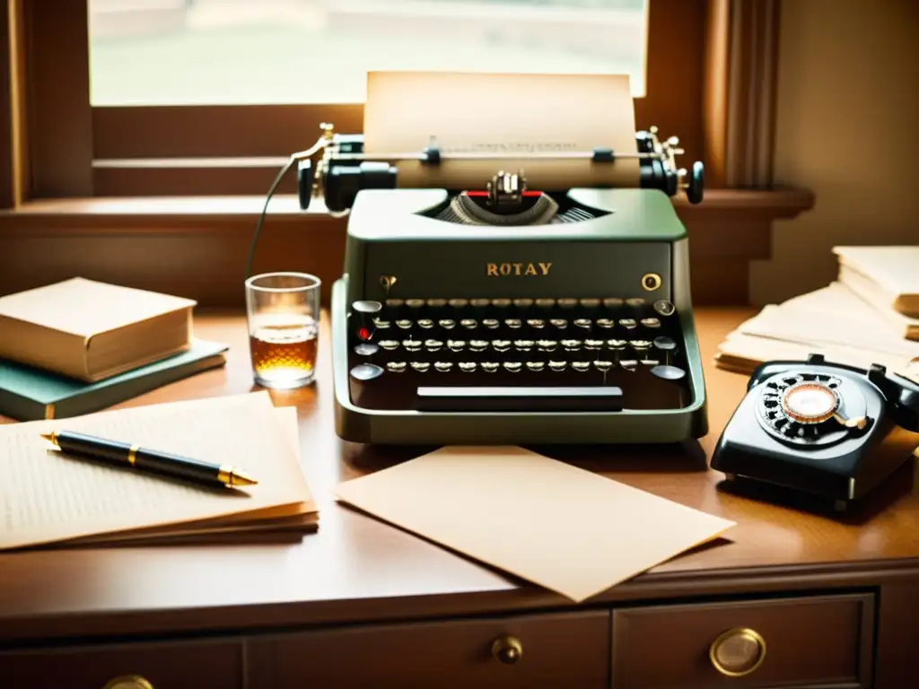 Una foto vintage de un escritorio desordenado con una máquina de escribir clásica, montones de papeles antiguos y un teléfono rotativo vintage