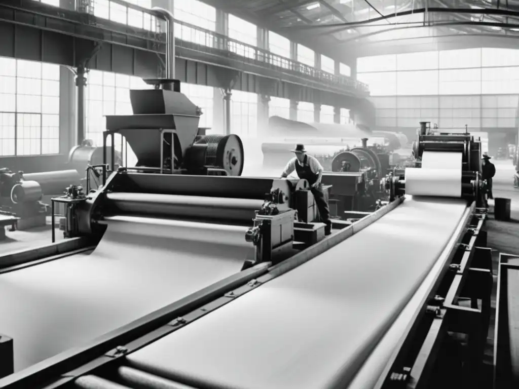 Foto vintage de una fábrica de papel en plena actividad, con trabajadores operando maquinaria entre montones de pulpa de madera y rollos de papel