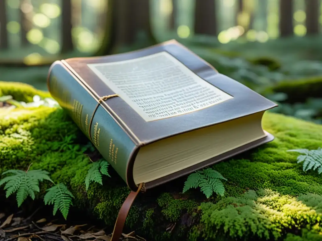 Una foto vintage de un libro de cuero en un bosque, resaltando la importancia de la certificación papel biodegradable