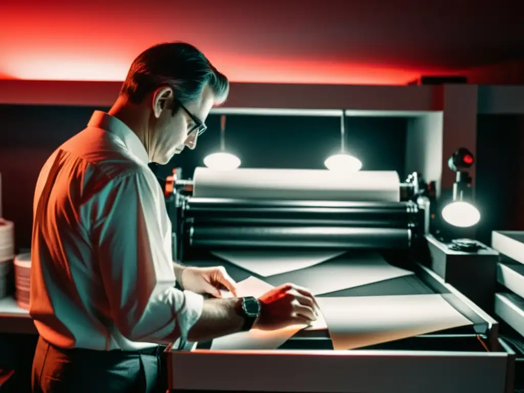 Un fotógrafo en un cuarto oscuro, inspeccionando una impresión recién revelada bajo la tenue luz roja