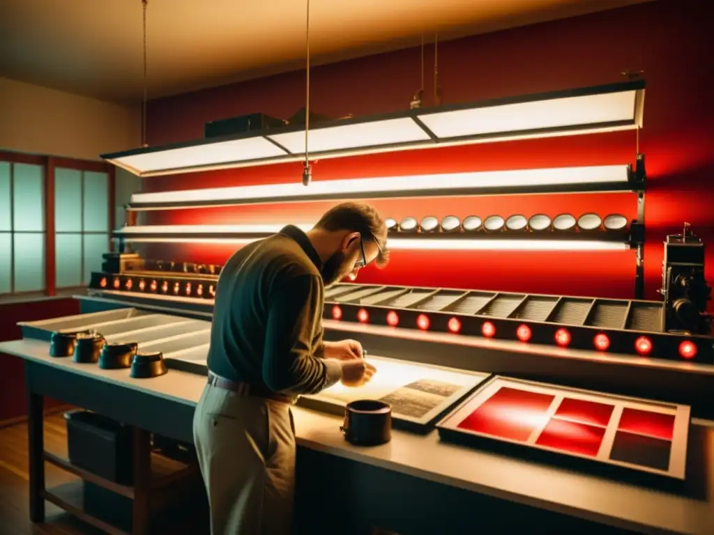 Un fotógrafo en un cuarto oscuro vintage inspecciona una fotografía bajo una lupa, rodeado de equipo fotográfico antiguo