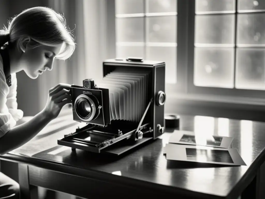 Un fotógrafo ajusta el enfoque en una cámara de formato grande bajo una suave luz, rodeado de fotografías antiguas y negativos