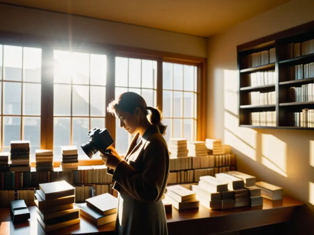 Un fotógrafo en una habitación iluminada por el sol rodeado de libros y rollos de película, capturando el impacto del papel en fotografía