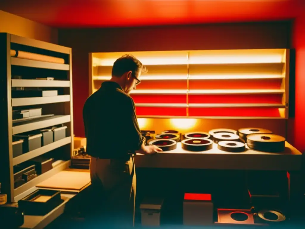 Un fotógrafo examina una imagen en un cuarto oscuro vintage, rodeado de equipo de revelado tradicional