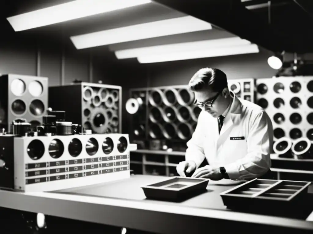 Un fotógrafo examina una impresión en un cuarto oscuro, rodeado de equipo fotográfico vintage