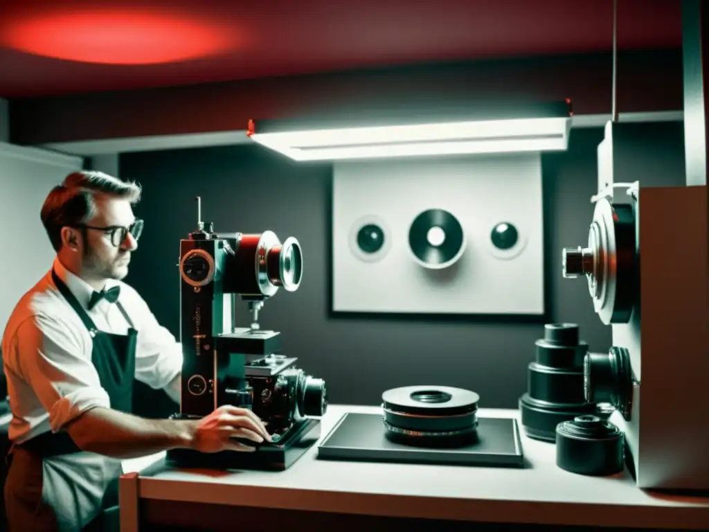 Un fotógrafo inspecciona una fotografía bajo luz roja en un cuarto oscuro, rodeado de equipo fotográfico vintage