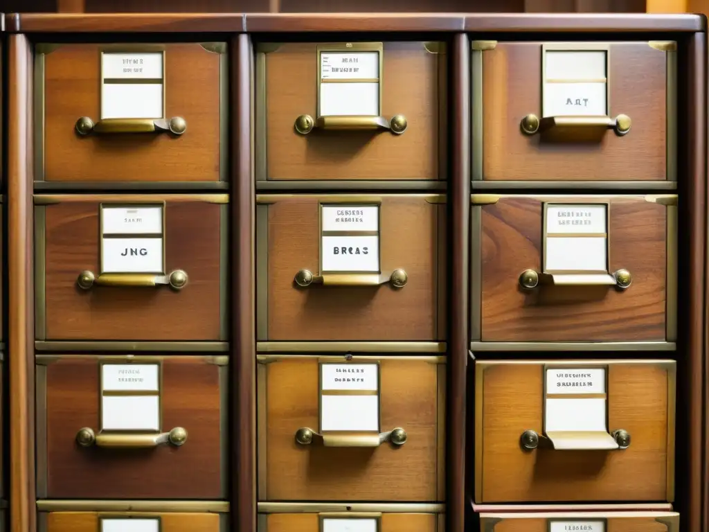 Un gabinete de archivo de madera vintage con cajones entreabiertos y carpetas organizadas, resaltando la importancia del papel en privacidad