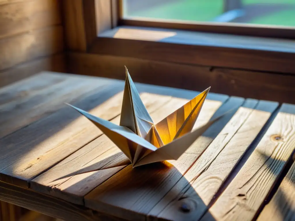 Un grácil pájaro de papel descansa sobre una mesa de madera antigua, iluminado por suave luz solar