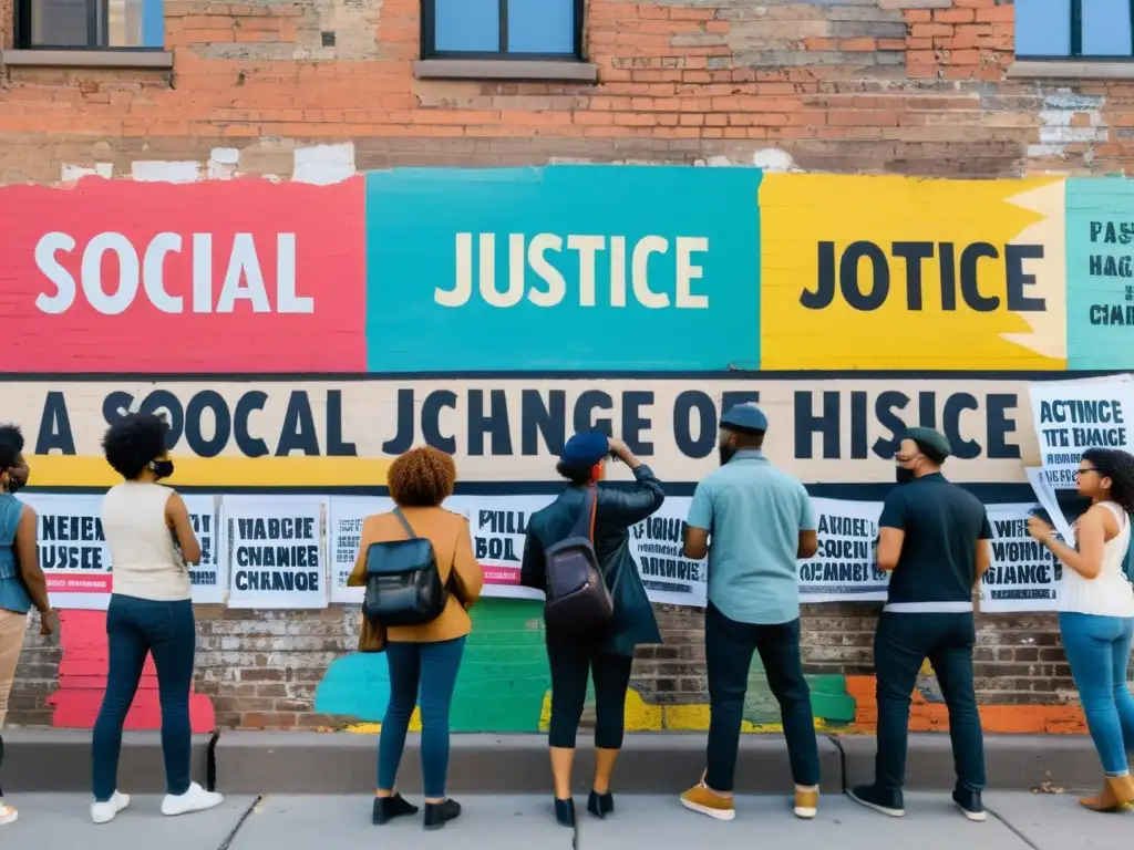 Un grupo de activistas pega coloridos carteles en una pared de ladrillo en la ciudad, mostrando arte político