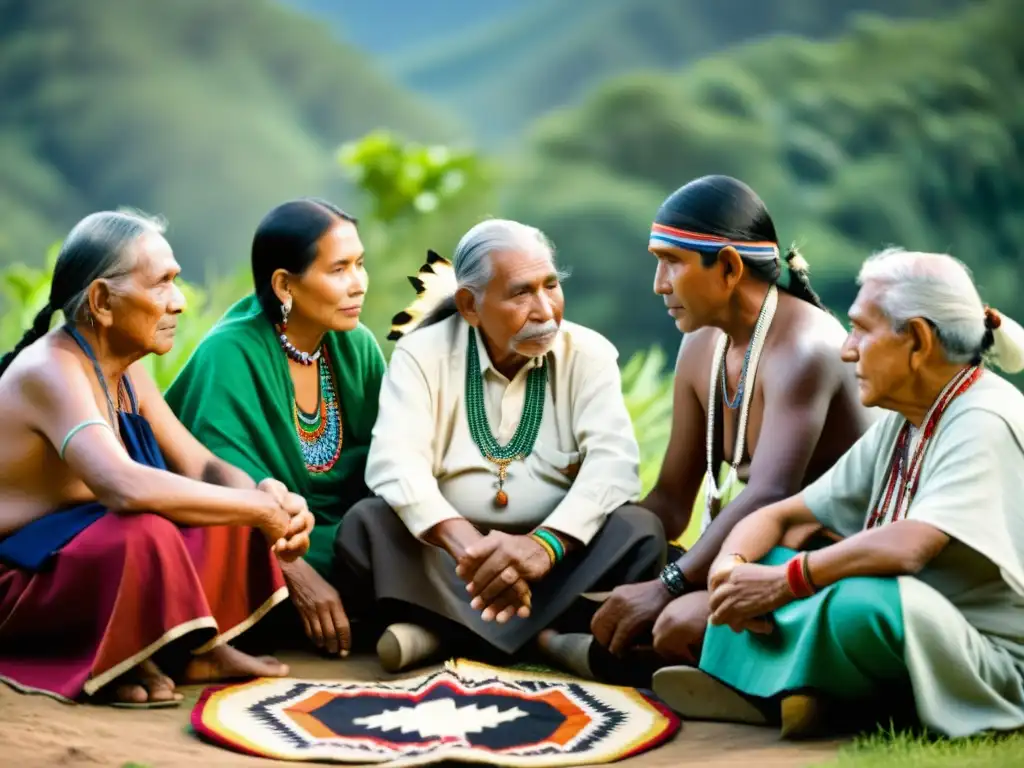 Grupo de ancianos indígenas en conversación, rodeados de naturaleza exuberante y textiles tradicionales coloridos, documentando lenguas ancestrales