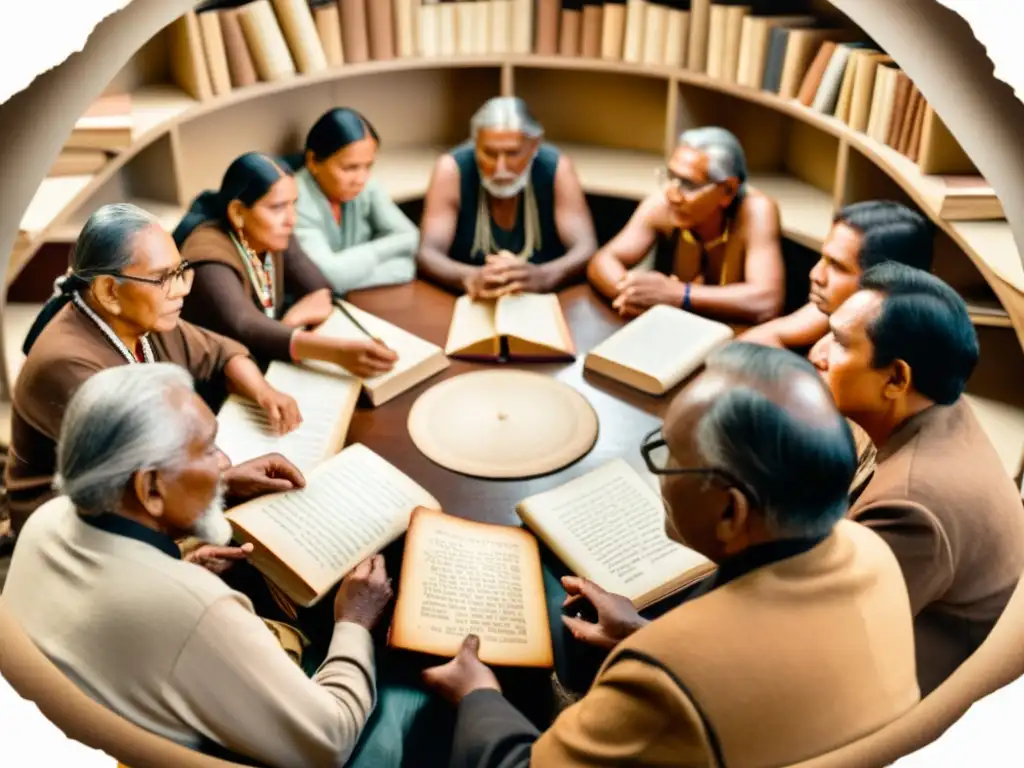 Grupo de ancianos indígenas compartiendo sabiduría, rodeados de libros antiguos en su idioma nativo, destacando el papel como salvaguarda de lenguas