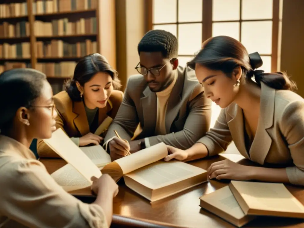 Grupo animado discute en torno a libros y papeles en tonos sepia