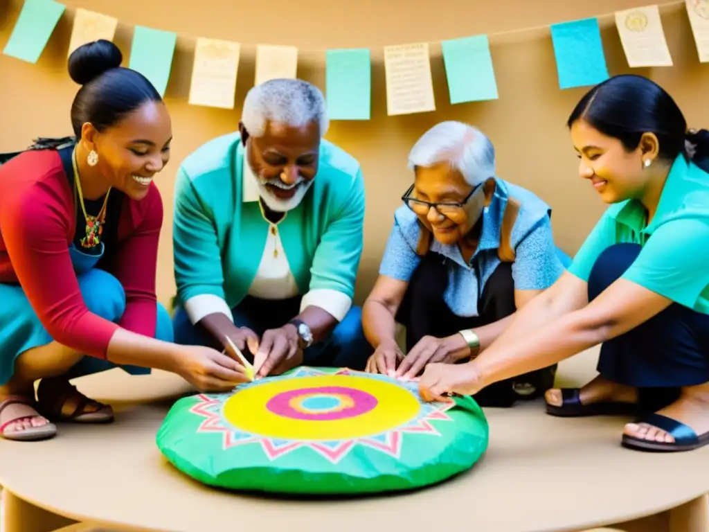 Grupo diverso participa en proyectos comunitarios exitosos papel maché, reflejando colaboración y creatividad