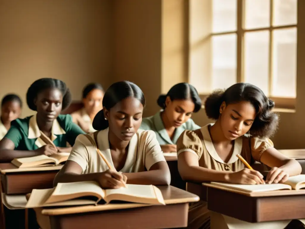 Grupo de mujeres estudiosas en aula vintage, reflejando determinación y empoderamiento