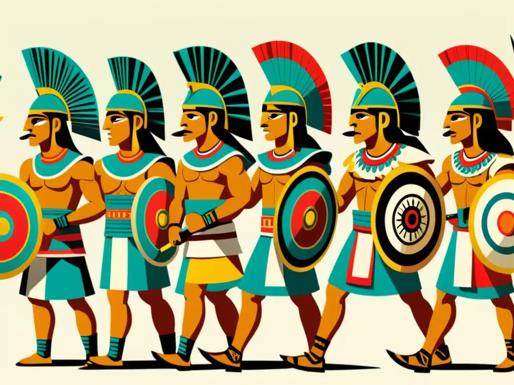 Ilustración vintage de guerreros aztecas y persas usando papel en tácticas militares estratégicas