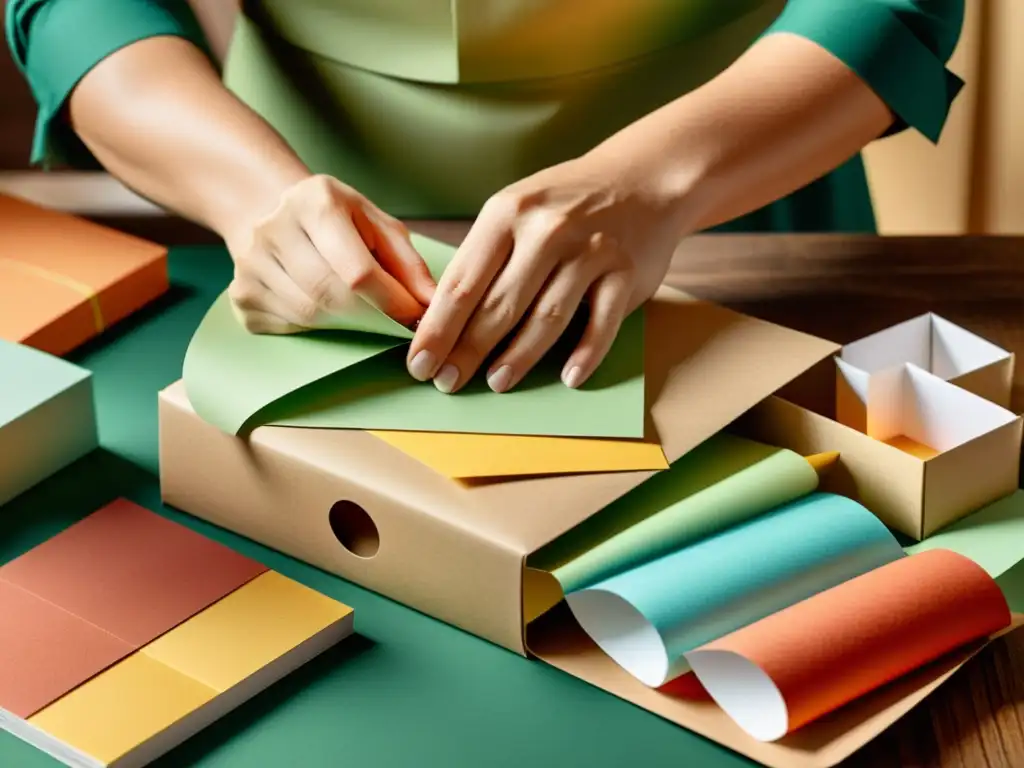 Un hábil artesano crea con cuidado un intrincado empaque de papel rodeado de materiales de alta calidad