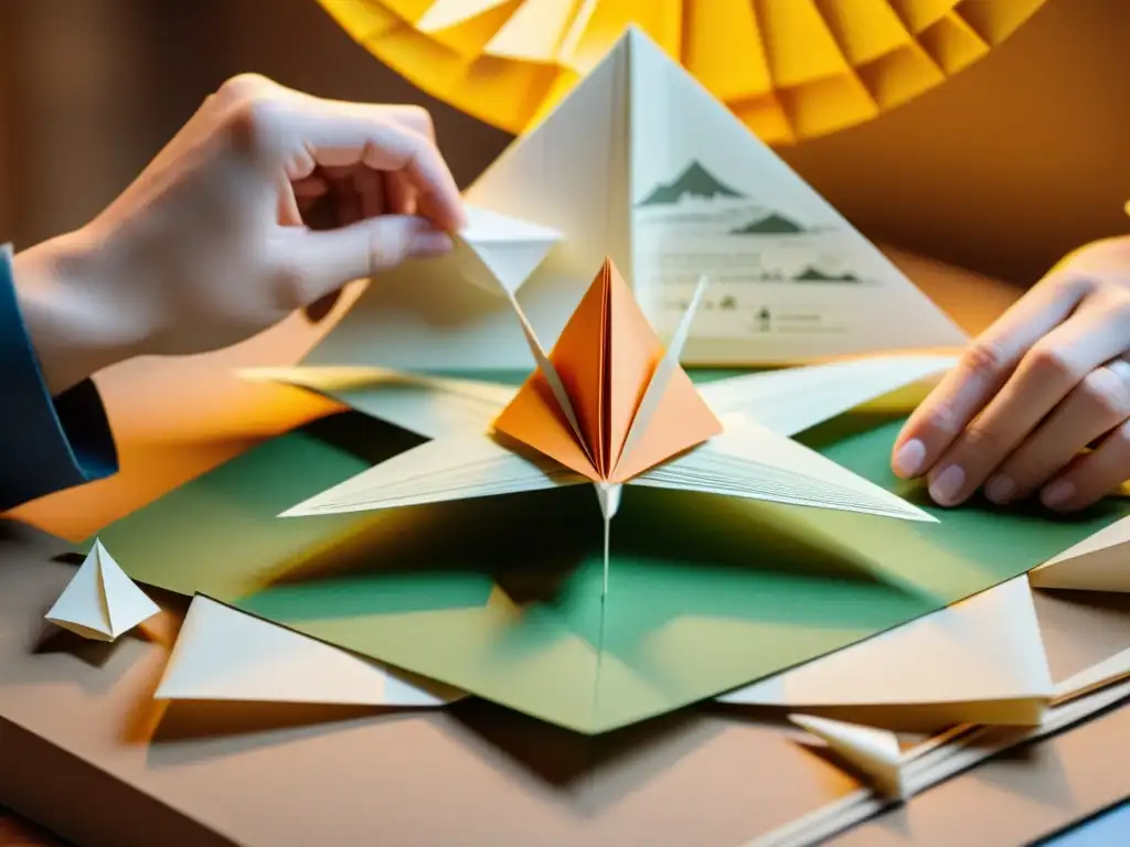 Un hábil artesano pliega papel en una minuciosa estructura arquitectónica rodeado de origamis