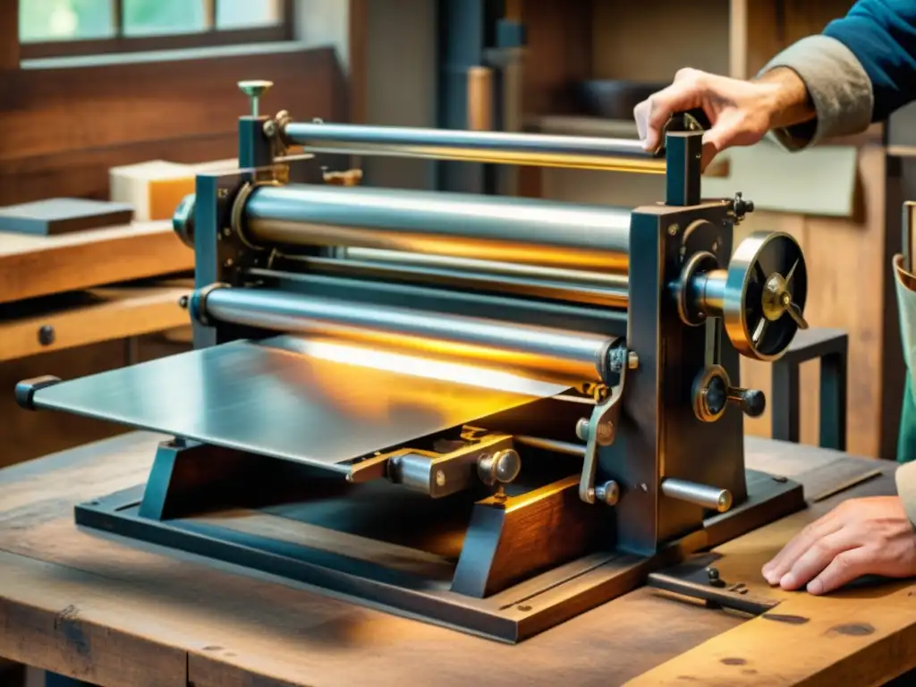 Un hábil artesano dispone tipos metálicos en una antigua imprenta, creando una atmósfera nostálgica y auténtica